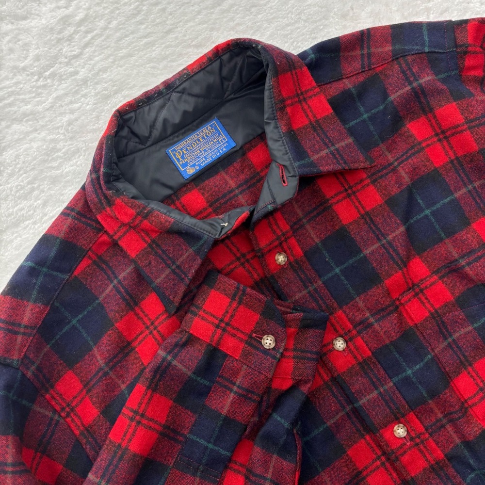 Pendleton Mens Red Black Plaid Wool Flannel Shirt Large Made in USA Vintage
